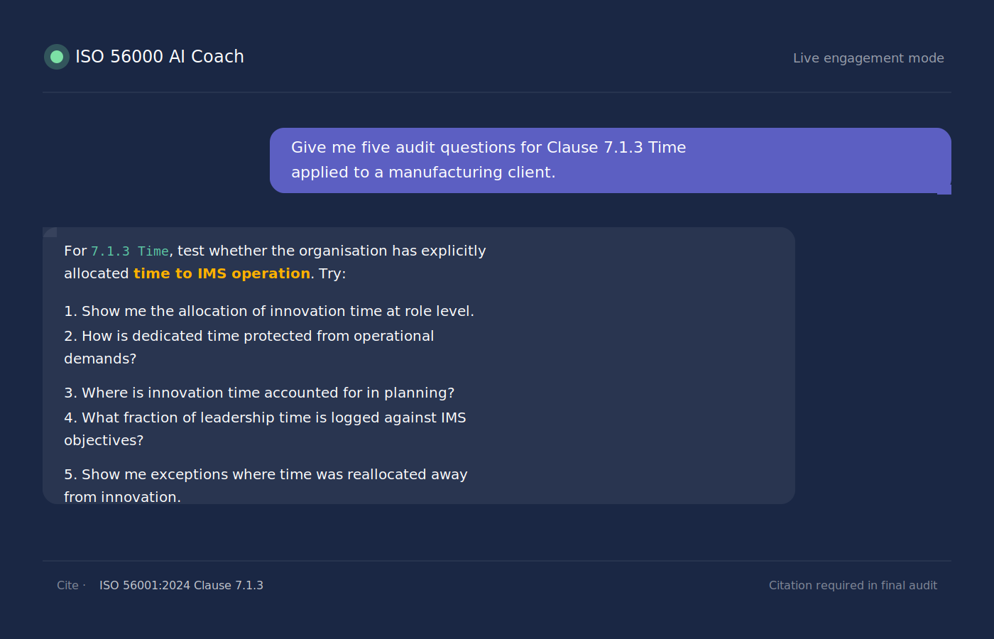 ISO 56000 AI Coach screenshot — generating audit questions for Clause 7.1.3